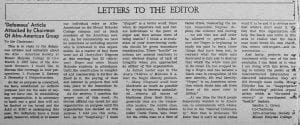 "Letters to the Editor: 'Defamous' Article Attacked by Chairman Of Afro-American Group"