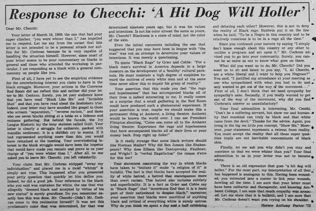 "Response to Checchi: 'A Hit Dog Will Holler'"